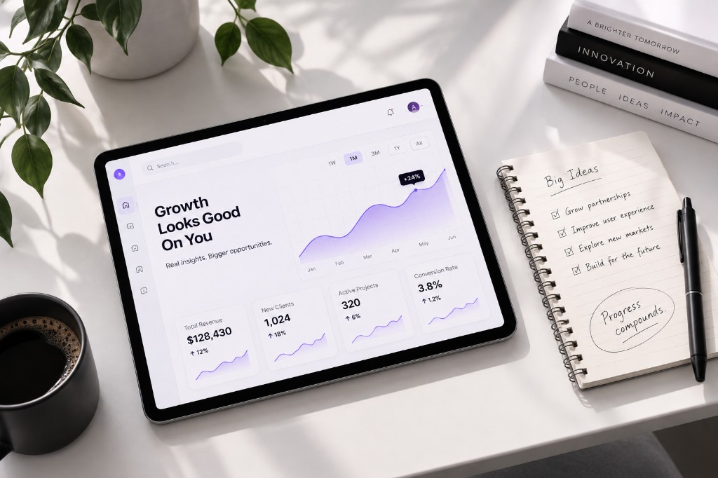 Business growth analytics dashboard on a tablet in a modern workspace