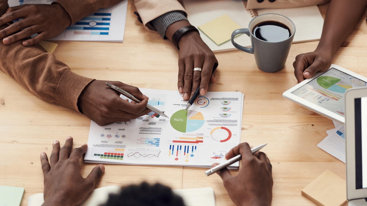 Black African professionals reviewing business analytics and performance insights together